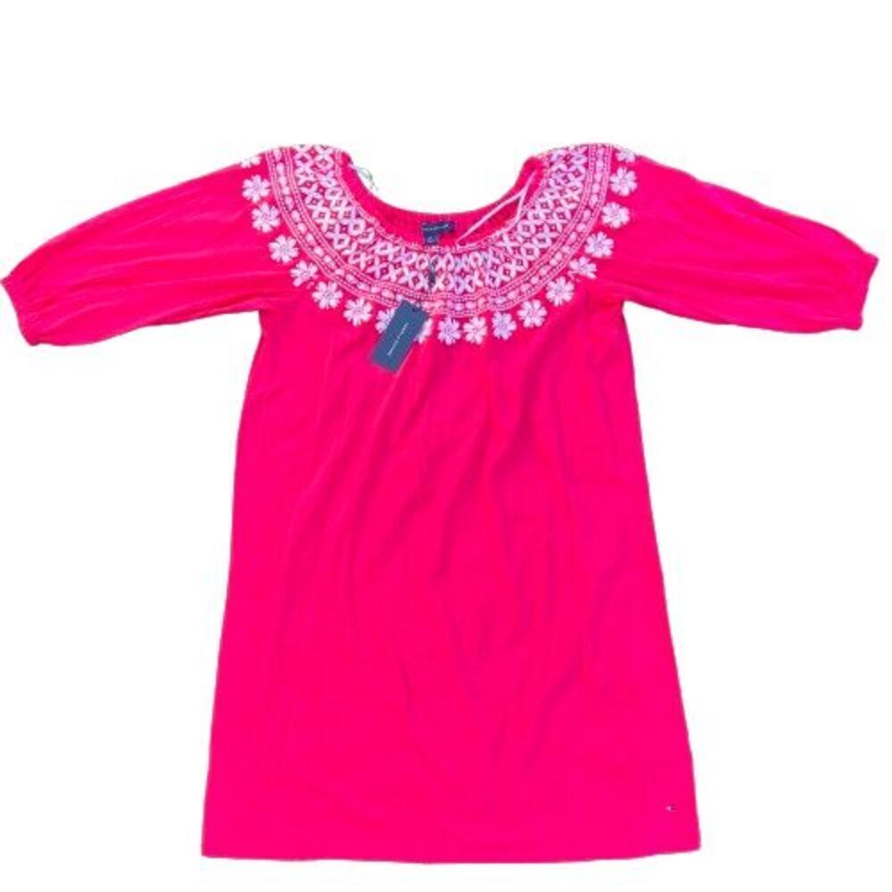 Tommy Hilfiger women's Off The Shoulder Embroidered Casual Dress Size M Pink NEW